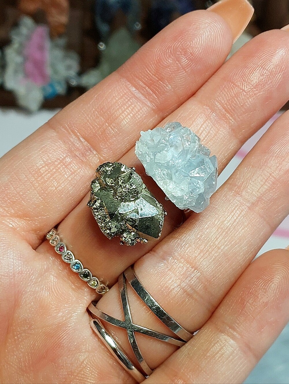 ⚒️ Natural Raw Celestite & Pyrite Cluster Duo Copper Ring